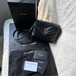 Saint Laurent Black Quilted Leather Crossbody with Gold YSL